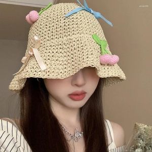 Chapeaux à bord large, version coréenne mignonne petite fille cerise fille paille de paille d'été balas de la plage de la plage du soleil