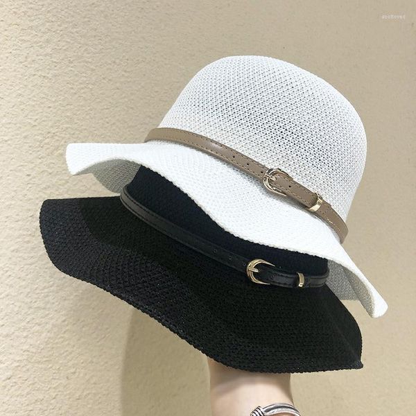 Large bord chapeaux version coréenne ceinture à la mode boucle dôme lin pêcheur chapeau femme parasol crème solaire avant-toit bassin d'été marée Scot22