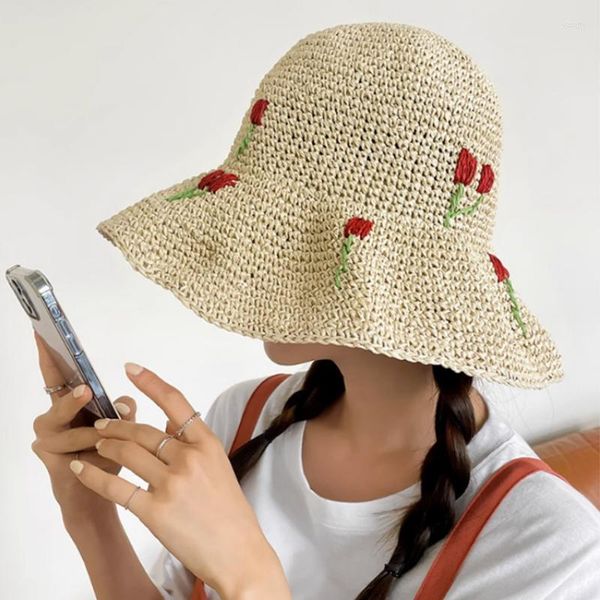 Sombreros de ala ancha, versión coreana, plegable, con gancho de mano, sombrero de cubo de paja, linda cereza, alero grande, sombrilla, gorra de sol para vacaciones de verano