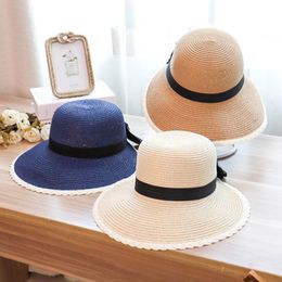 Chapeaux à large bord version coréenne du chapeau de paille fendu été bord de mer vacances mode sauvage arc bassin casquette pliant parasol soleil femmes