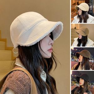 Sombreros de ala ancha para mujer, sombrero de cubo de felpa coreano para mujer, gorro de pescador cálido para otoño e invierno, gorro ajustable de Color sólido para mujer y niña