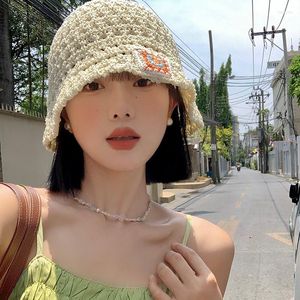 Sombreros de ala ancha, sombrero de pescador tejido coreano para mujer, sombrilla transpirable hueca de verano, gancho de pescador, flor, gorra de sol plegable versátil para exteriores