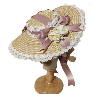 Chapeaux à large bord en dentelle, casquette plate, ornements de coiffure à fleurs Lolita, nœud en ruban, chapeau de paille, Vintage, accessoires pour cheveux de fête Cosplay