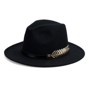 Chapeaux à large bord dames feutre chapeau vintage britannique hommes femmes ceinture de feuille de métal automne et hiver élégant fascinateur jazz haut