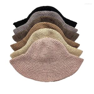 Brede rand hoeden dames zons strand hoed zomerpapier strooien handgemaakte hollowed outdoor casual vouwen grote emmer grote emmer