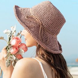 Brede rand hoeden dames zon hoed voor vrouwen bowknot raffia stroming vouwbaar zomer strand vrouwelijk chapeau femmeewide davi22