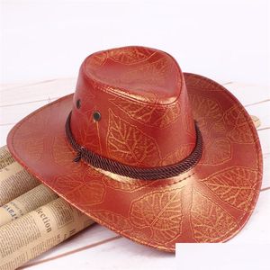 Larges chapeaux de bord grand chapeau de cowboy en cuir plat haut hommes feuilles imprimé feutre seau homme pour hommes femmes Fedora en raison 20211231 T2 Drop Del Dh6AB