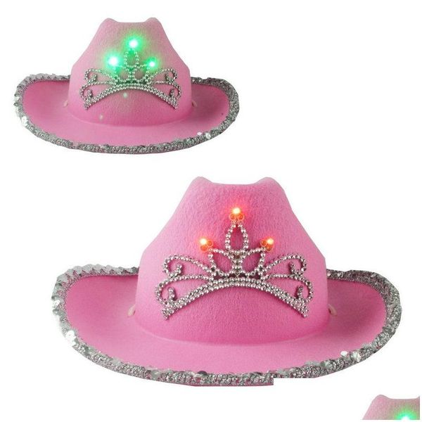 Sombreros de ala ancha Led Estilo occidental Sombrero de vaquero Rosa Mujeres Niñas Fiesta de cumpleaños Gorras Con plumas Lentejuelas Decoración Corona Tiara Discoteca Cowgir