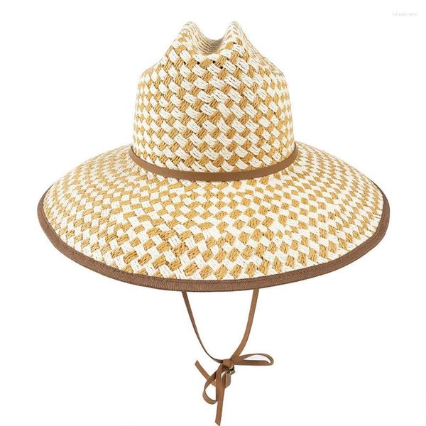 Sombreros de ala ancha Ocio Clip tejido a mano Borde de color con cuerda de corbata Sombrero de paja de mezclilla grande Sombrilla de playa al aire libre