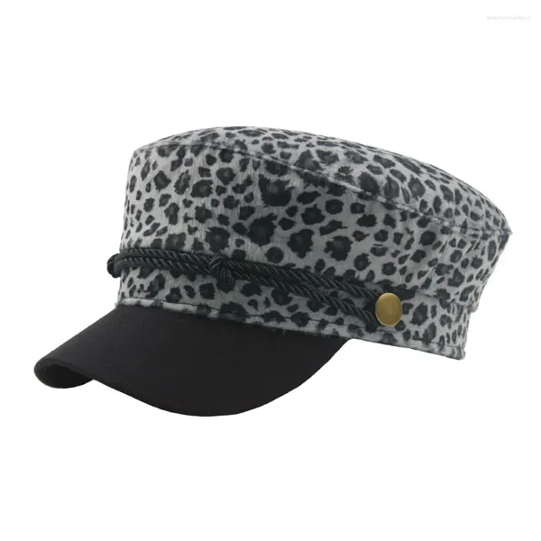 Sombreros de ala ancha Sombrero de leopardo Retro para mujer Top de cuero grande Estampado plano Boina azul marino Casual Joven dama Regalo de cumpleaños Gorras de béisbol