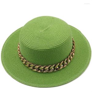 Brede rand hoeden limoengroene platte bovenste strohoed met gouden ketting dames zomer buiten zonbescherming strand strand vrouwen sombreros de playa