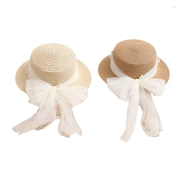 Chapeaux à large bord M89E été unisexe grand chapeau de paille tissage adolescents femmes casquette manuel vacances en bord de mer avec décors de nœud papillon