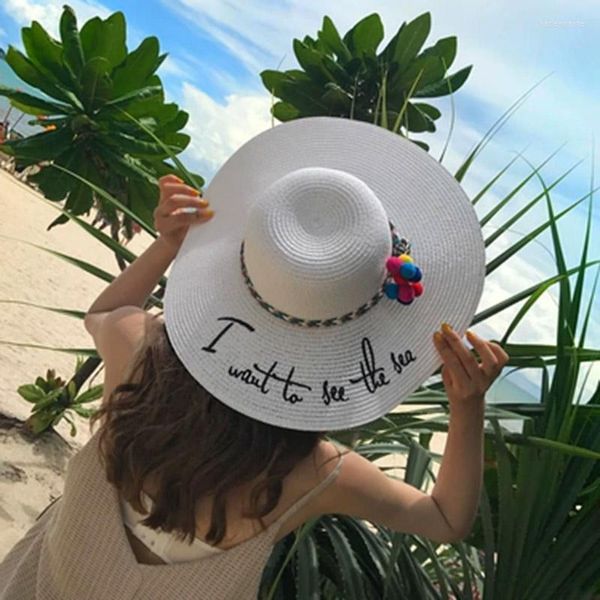 Chapeaux à large bord MAERSHEI soleil pour femmes lettre broderie noeud noir Panama chapeau de paille plié disquette plage casquettes Chapeu Feminino