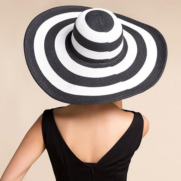 Sombreros de ala ancha MAERSHEI Sombrero de sol para mujer Paja Panamá Rayas negras Desbordadas Disquete Moda Estilo elegante Verano Playa grande