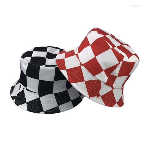 Chapeaux à large bord Hommes Femmes Noir Rouge Bleu À Carreaux Seau Chapeau Hip Hop Crème Solaire Respirant Bassin Tendance Harajuku Coton Elob22