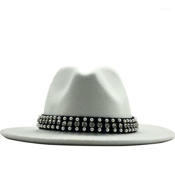 Chapeaux à large bord hommes femmes feutre de laine Fedora Panama chapeau avec boucle de ceinture Jazz Trilby casquette fête haut formel en rose White1