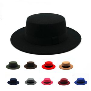 Brede Rand Hoeden Heren Vrouwen Jazz Hoed Lente Herfst Wol Schipper Lint Platte Top Vilt Fedora Cap Klassieke Bowler gokker Caps