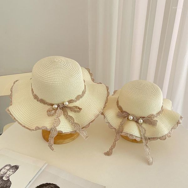 Sombreros de ala ancha mamá e hija sol panamá verano paja para niña dama playa bohemia gorra de viaje arco niños mujeres sombrilla