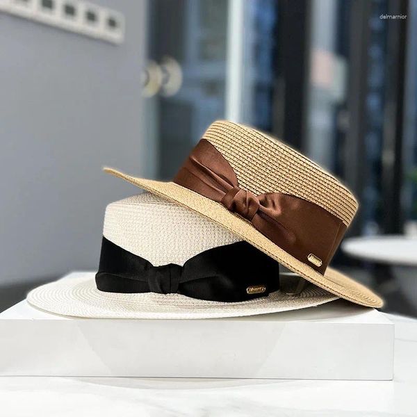 Chapeaux à large bord paille naturelle plaisancier Fedora haut chapeau plat femmes casquette de plage d'été avec ruban de nœud papillon pour la fête de vacances