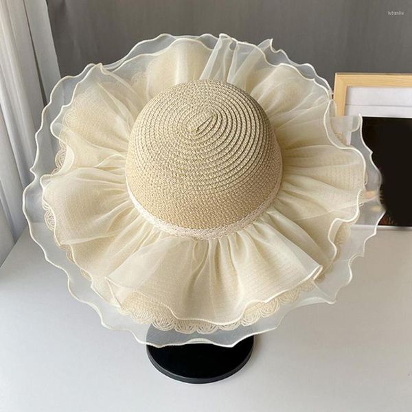 Chapeaux à large bord net fil décor rond dôme chapeau de plage grand écran solaire disquette paille Anti-UV respirant femmes seau accessoires de mode