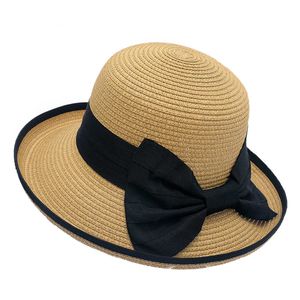 Chapeaux à large bord New Summer Sun Hats Femmes Mode Fille Chapeau De Paille Ruban Arc Chapeau De Plage Casual Paille Plat Top Panama Chapeau Os Feminino G230227