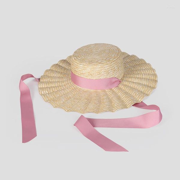 Chapeaux à large bord OMEA été chapeau de paille français romantique noeud papillon blé dame mode ruban rose soleil plage femmes Sombrero