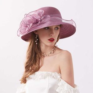Brede rand hoeden Organza zon hoeden voor vrouwen bloem zomer brim emmer hoed vrouwelijke elegante bloemen UV kerk bruiloftshoeden 2022 nieuwe mode G230227