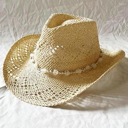 Chapeaux à bord large de style oriental chapeau cowboy paille pliable élégant occidental avec décoration de perles réglables pour extérieur