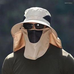 Brede rand hoeden buiten volle gezicht deksel vishoed zonnedop met masker zomer bergsportbescherming anti uv wandelen voor vrouwelijke mannen
