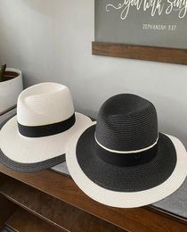 Панама с широкими полями, летняя шляпа от солнца для женщин и мужчин, черно-белая пляжная бумажная соломенная мужская кепка с защитой от ультрафиолета, Chapeau Femme6177524