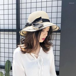 Sombreros de ala ancha Sombrero de paja de playa para mujer de Panamá con protección solar grande y gorra de verano con lazo al aire libre de moda H65
