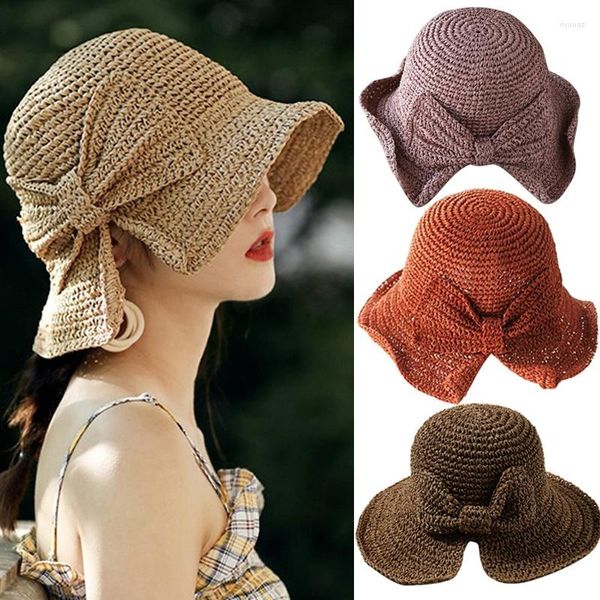 Chapeaux à large bord Parent-enfant Raphia Bow Sun Hat Floppy été pour femmes plage Panama paille dôme seau visière Gorros Mujer