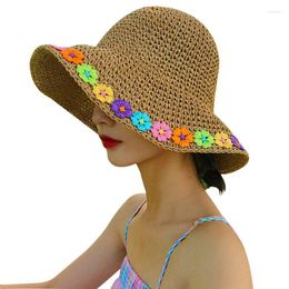 Brede rand hoeden ouder-kind raffia bloemen zon hoed floppy zomer voor vrouwen strand panama strom koepel emmer femme schaduw