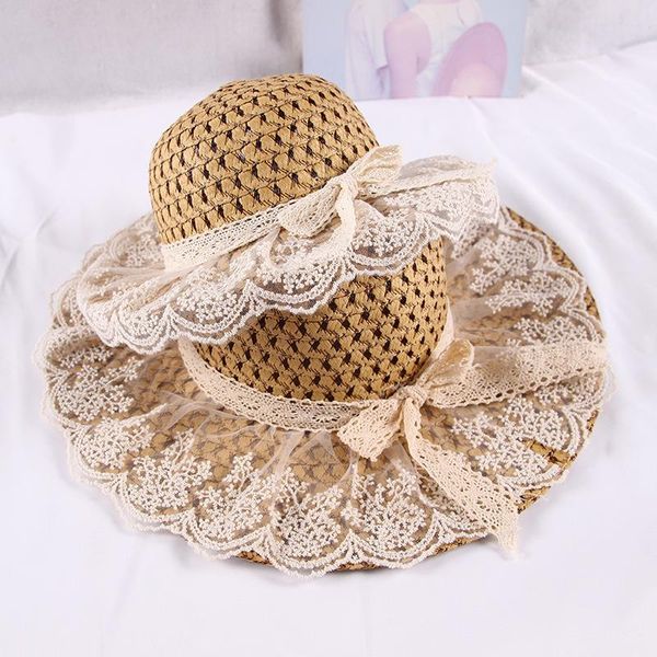 Sombreros de ala ancha Padre-niño Sombrero de paja de verano Flor de encaje Arco Sol para mujeres Niñas Floppy Beach CapWide