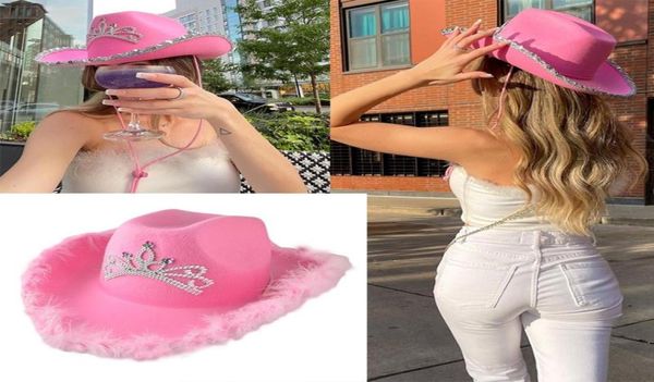 Hates de borde ancho con sombrero de vaquero rosa LED Tiara Women039s Sequin Decoración peluda Partido de moda Capas deformadas Cowgirl Western Costu6074707