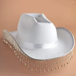 Chapeaux à larges bords Chapeau de cow-girl rose avec conception de franges en strass Accessoires de costumes de cowboy occidentaux pour enterrement de vie de jeune fille à large bord