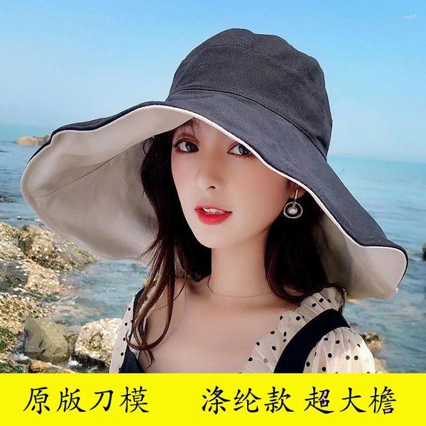 Chapeaux à large bord Chapeau de seau de grande taille pour femmes d'été Style coréen Protection solaire polyvalente avec corde Polyester couverture faciale H