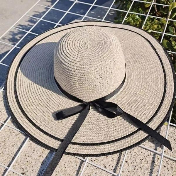Sombreros de borde anchos sombrero de paja portátil de cinta de cáscara casual de reverso de la playa de la playa, la gorra de viaje de verano