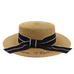 Brede rand hoeden QBHat Summer Lady Beach Flat Top Cap Boater Women Solid Color Flat Brim Shade Straw Hat With Black Ribbon Fahsion Sun Hats J230301