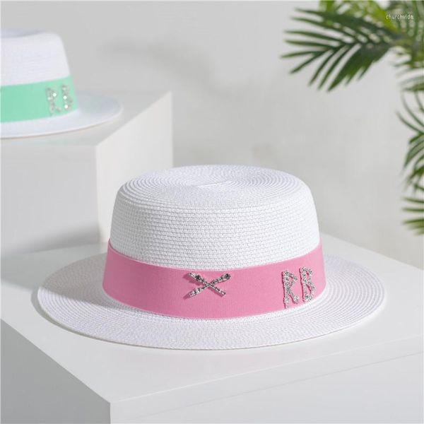 Chapeaux à bord large qpalcr blancs femmes paille couleurs ruban fedora dame boater soleil de plage de plage de plage marin trilby