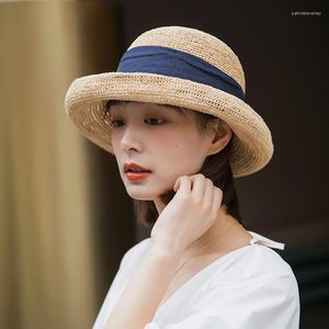 Chapeaux à large bord raphia chapeau de paille femmes été japonais soleil bouclés dames filles mode crème solaire parasol Panama plage