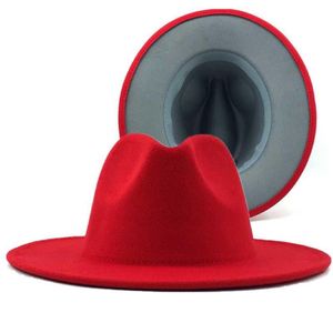 Chapeaux à large bord rouge avec fond gris de 60 cm Patchwork Panama Feutre de laine Jazz Fedora Femmes Hommes Party Cowboy Trilby Gambler Hat302d