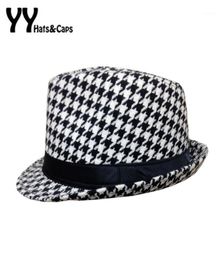 Brede rand hoeden retro houndstooth check fedora voor vrouwen voelde feminino cappelli sombreros chapeus vintage panama caps11476390