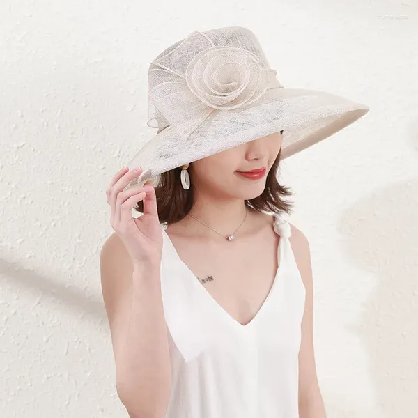 Hats de ala ancha de ala retro de la lino filipino Rose Rose Flower Gat de banquetes para mujeres a prueba de sol