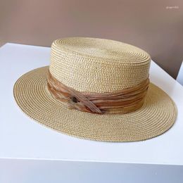 Brede rand hoeden rh platte top cap vrouwen zomer zonnebrandcrème stoffen lint straw hoed zon embleem randscheater dames dames