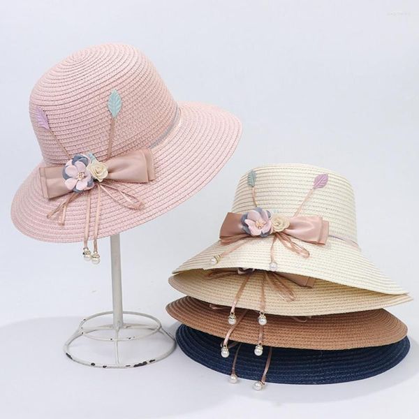 Sombreros de ala ancha, cinta con lazo, decoración de flores, colgante de perlas de imitación, sombrero para el sol, accesorios de moda de paja flexibles de verano para mujer