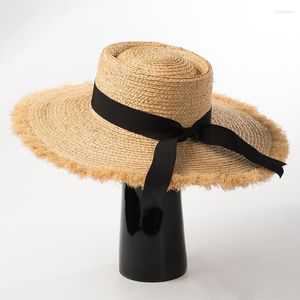 Large Bord Chapeaux Anneau Plat Top Arc Ruban Streamer Raphia Grand Chapeau D'été Dames Ombrage Bavure Plage Paille Chapeau De Soleil Femmes Tissé Gland ChapeauWide