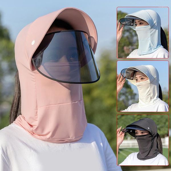 Chapeaux à large bord Version pliable en soie Chapeau avec masque Anti-UV Neck Cover Femmes Outdoor Electric Sun Summer Protective