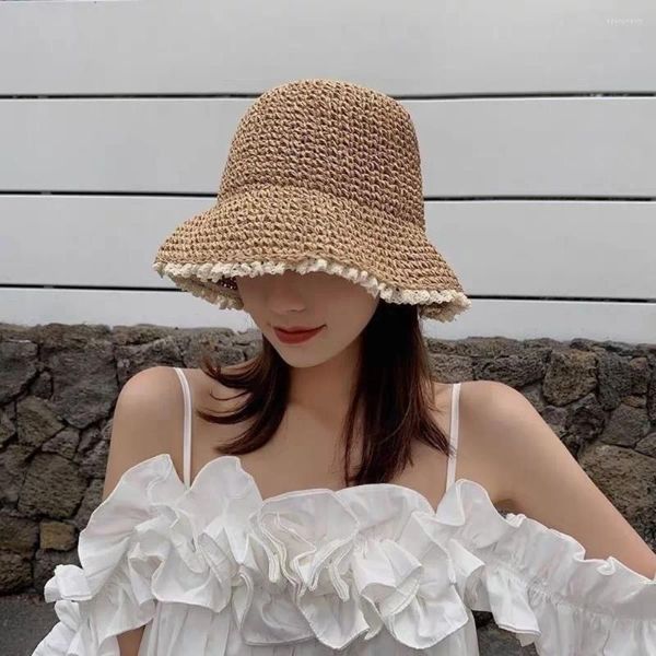 Chapeaux à large bord simple dentelle bordée chapeau vintage soleil anti-soleil paille pliable sexy