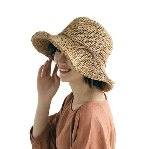 Sombreros de ala ancha Sombrero de sol simple para mujer Sombrero de paja de rafia Bowknot Sombrero de verano plegable Sombrero de playa de ala ancha Mujer Chapeau Femme G230227